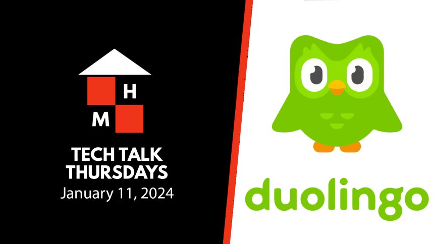 A split thumbnail featuring the Tech Talk Thursdays logo and date on the left and the Duolingo logo on the right.