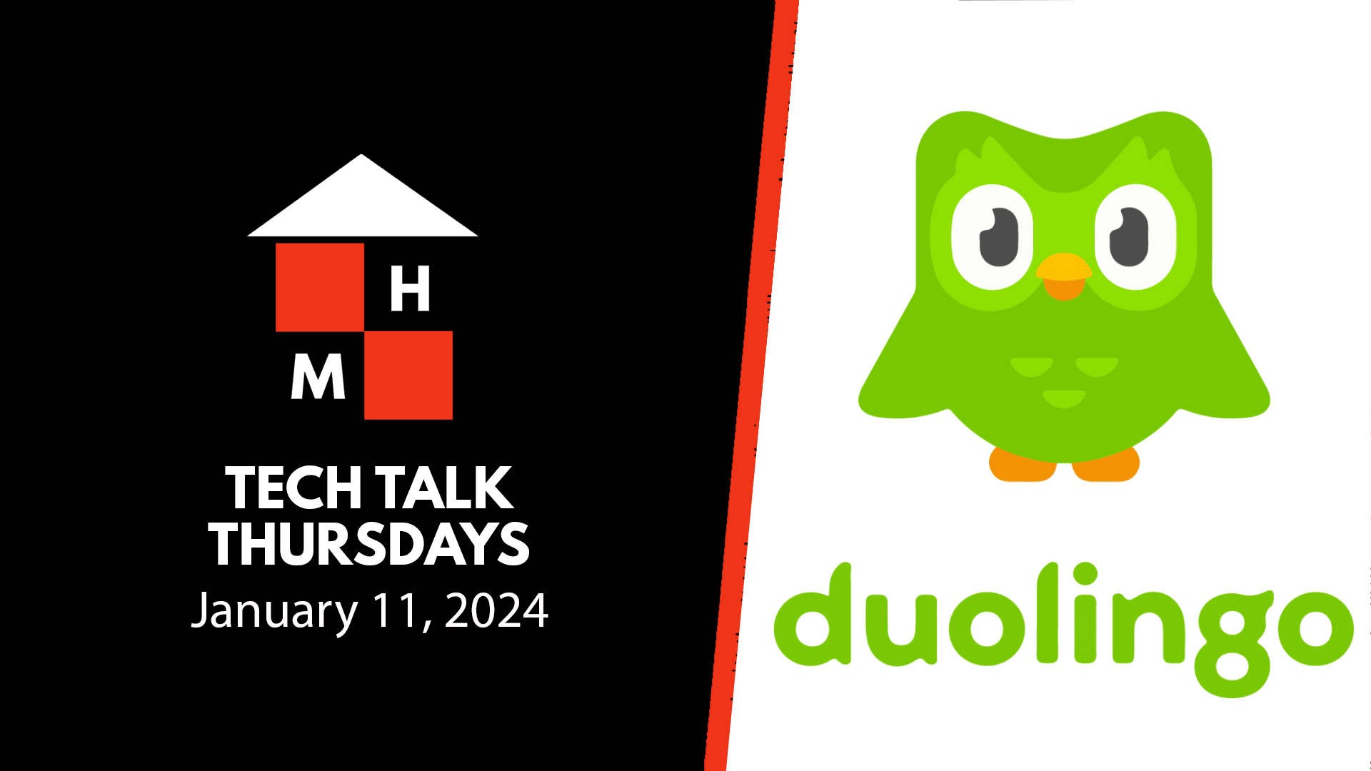 A split thumbnail featuring the Tech Talk Thursdays logo and date on the left and the Duolingo logo on the right.