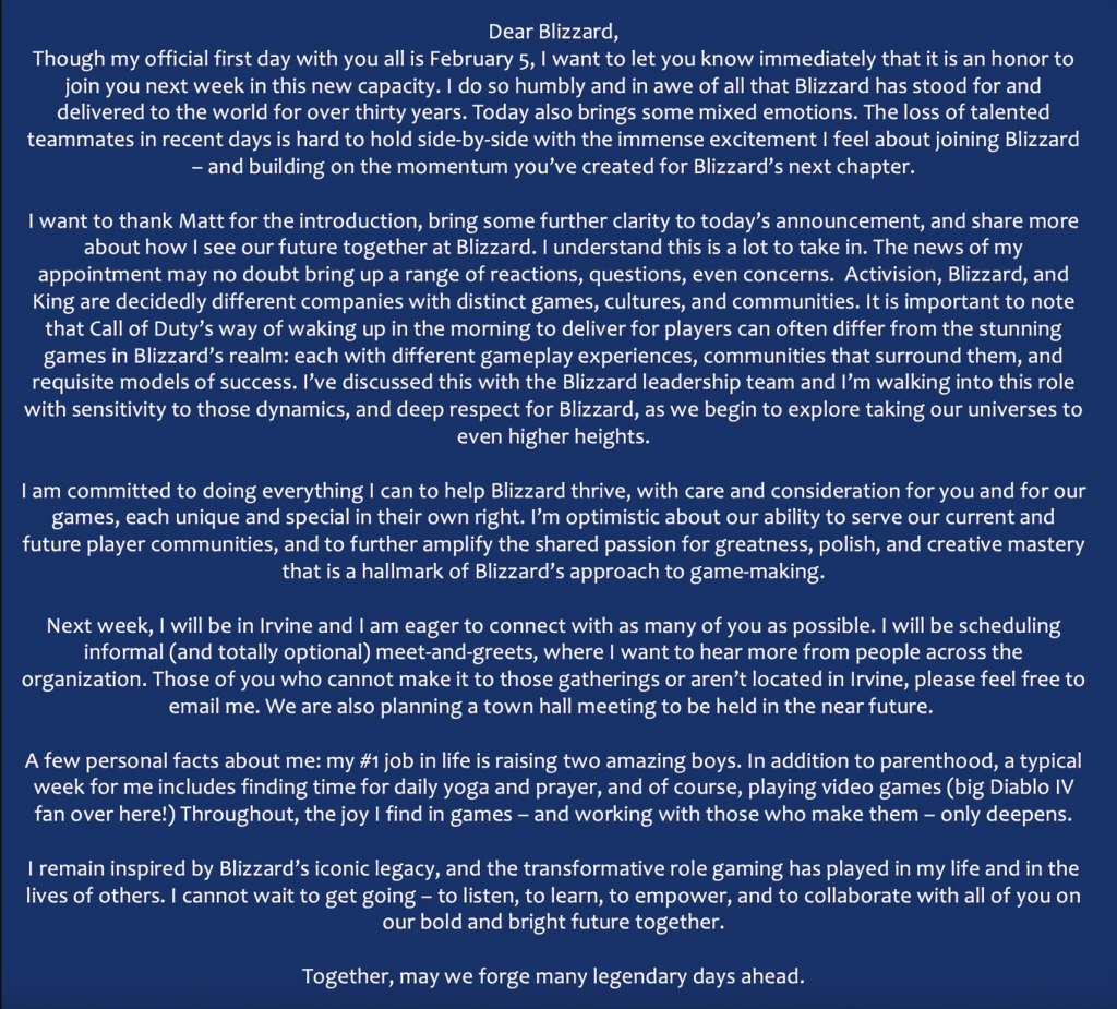 Faries' message to Blizzard staff