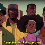 A group of black people of multiple genders stare at the screen in disapproval