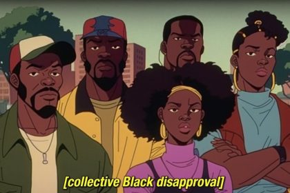 A group of black people of multiple genders stare at the screen in disapproval