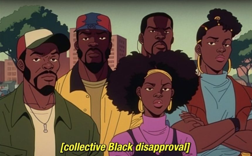 A group of black people of multiple genders stare at the screen in disapproval